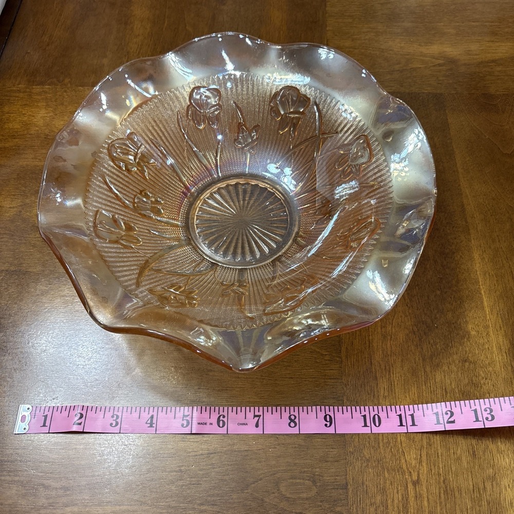 Jeanette Glass‎ Iris and Herringbone Marigold Carnival Iridescent 11.5" Bowl